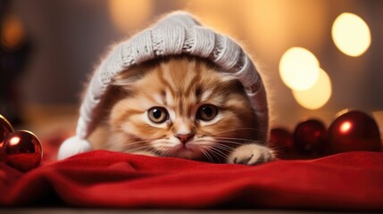 Little cute kitten in red santa hat and christmas background
