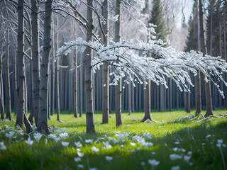 Springtime with blooming flowers and budding trees natural background.