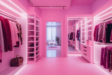 luxury fashionable doll like interior. Dressing room in pink colors. Wardrobe-room. - obrazy, fototapety, plakaty