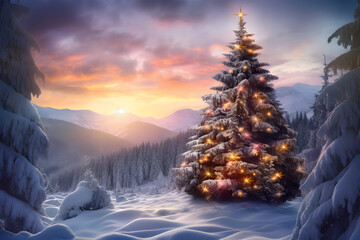 Snow scenery of winter wonderland with shining christmas tree