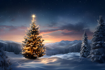 Naklejka premium Snow scenery of winter wonderland with shining christmas tree