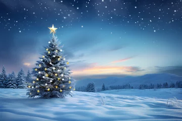 Fototapeten Snow scenery of winter wonderland with shining christmas tree © Oksana