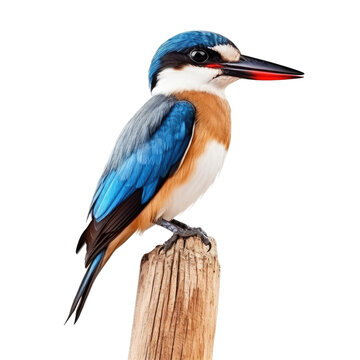 Blackcapped kingfisher perches on wooden pole, stunning blue bird with brown body and red bills against transparent backround.
