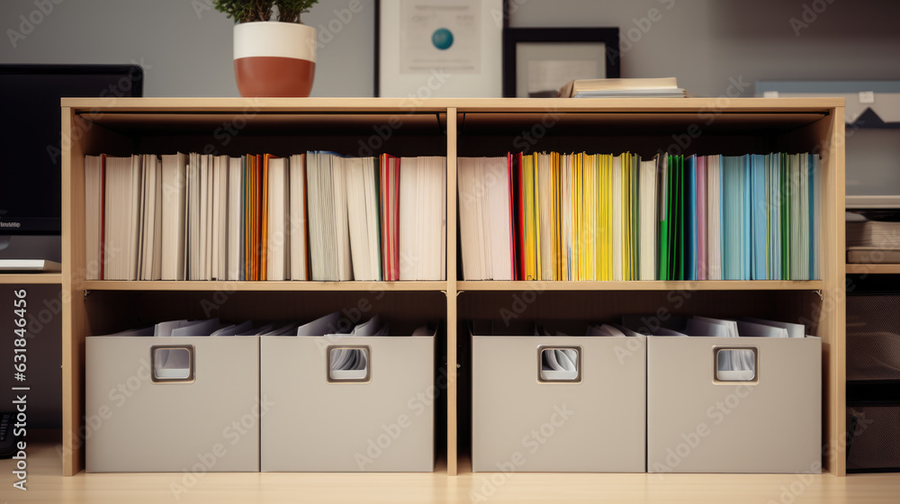 Aufkleber shelving with folders. stack of business papers on the shelfs. created with generative ai technology