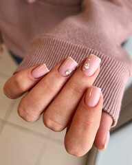 Closeup shot of a female hand with beautifully manicured nails in neutral colors.