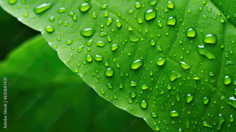 Poster texture of green leaf with water drops. created with generative ai technology.