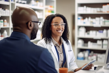 WOMAN PHARMACIST SERVING A CUSTOMER IN THE PHARMACY.