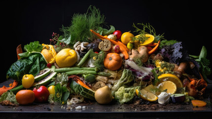 Natural organic waste composting pile on a black background. Created with Generative AI technology.