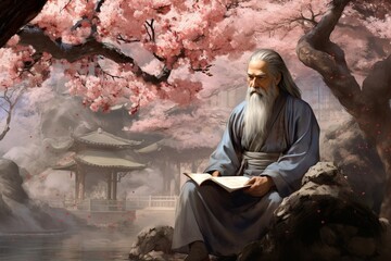 Tranquil Ancient Chinese Garden with Wise Confucius. - obrazy, fototapety, plakaty