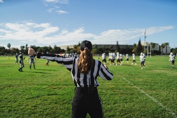 Closeup of an American football referee standing on the field watching the game.
