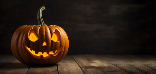 Generative Ai, Halloween pumpkin on old wooden background 🎃
