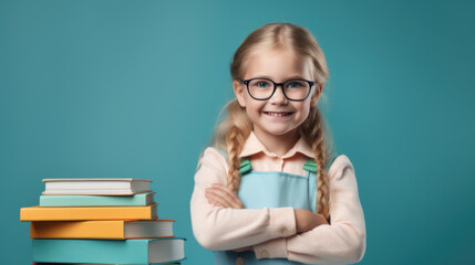 Cute smiling schoolgirl standing with books on blue background. Created with Generative AI technology.