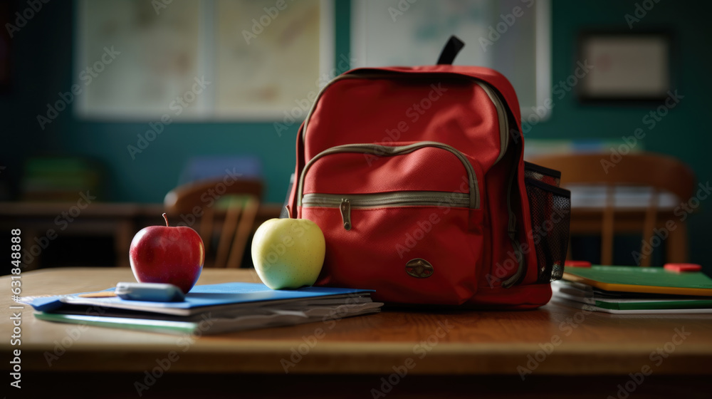 Poster school backpack on the desk in front of the classroom. created with generative ai technology.
