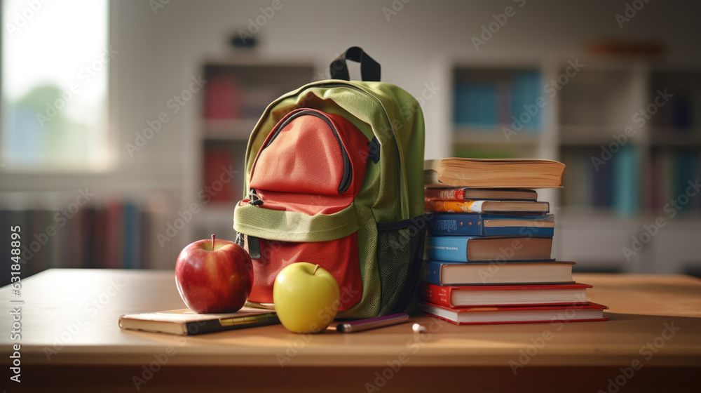 Aufkleber school backpack on the desk in front of the classroom. created with generative ai technology.