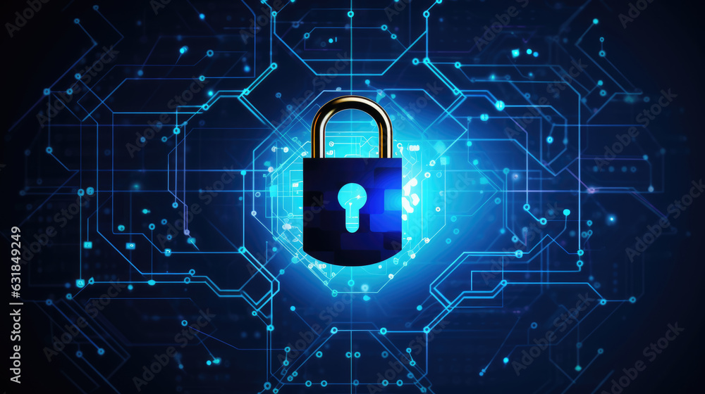Poster closed digital lock key on digital background. cybersecurity and information or network protection. 