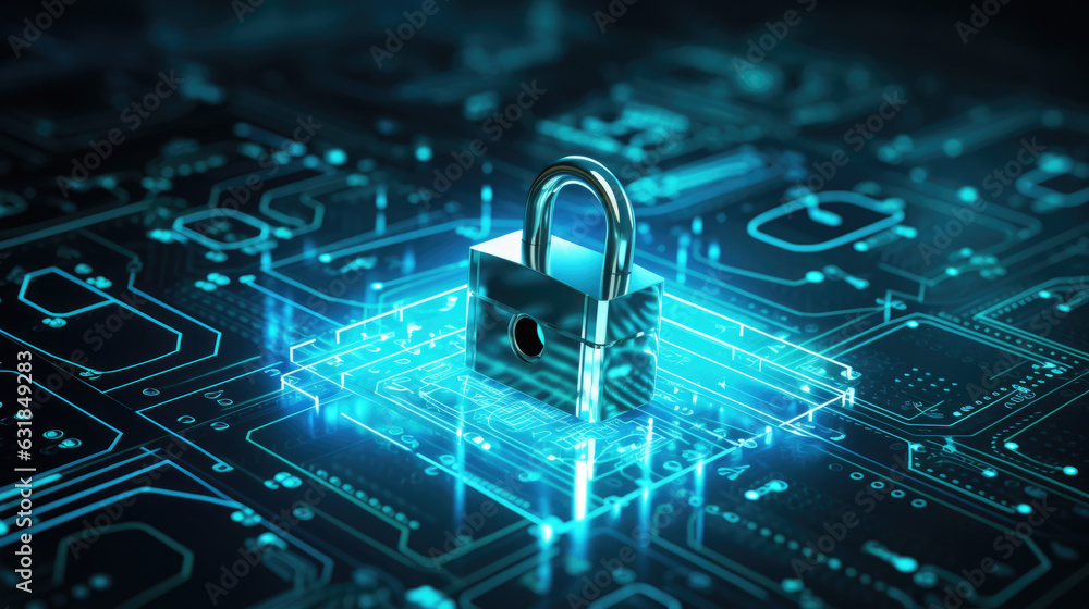 Poster closed digital lock key on digital background. cybersecurity and information or network protection. 