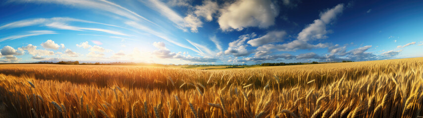 Naklejka premium Scene of sunset or sunrise on the field with young rye or wheat in the summer with a cloudy sky background. Landscape. Created with Generative AI technology.