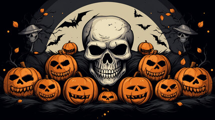 Skull surrounded by bats and pumpkins, skull, Halloween banner, Generative AI
