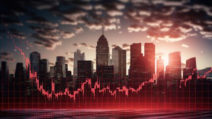 Abstract virtual financial graph hologram on sunset city background, forex and investment concept. Multiexposure. Created with Generative AI technology.