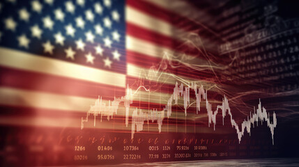 Abstract virtual financial graph hologram on USA flag and sunset sky background, forex and investment concept. Multiexposure. Created with Generative AI technology.
