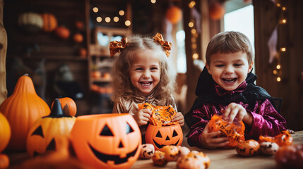 Fototapeta premium Children exchanging Halloween candy with big smiles on their faces, with the child on the right side, child with Halloween candy, Halloween banner, Generative AI