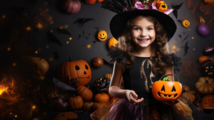 Joyful child dressed as a fairy holding a magic wand and a bag of Halloween treats on the right side, child with Halloween candy, Halloween banner, Generative AI