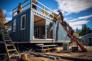 construction site with workers of Tiny Container House Construction Unveiled