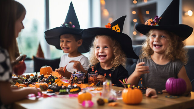 Group of friends having a Halloween candy feast, with the child on the right side, child with Halloween candy, Halloween banner, Generative AI