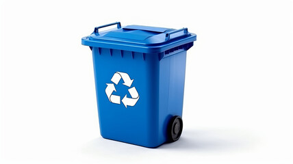 photograph of A Blue recycle bin with recycle symbol isolated on white background.generative ai