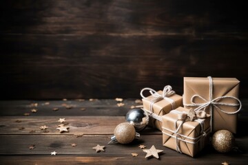 Christmas gift boxes and decoration over grunge wooden, Gift box as holiday background.
