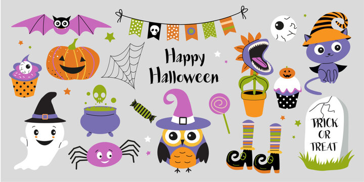 Happy Halloween stickers. Set of Halloween elements: ghost, cat, owl, cakes, funny pumpkin, flower, spider, etc. Perfect for scrapbooking, greeting card, party invitation, poster, tag, sticker.