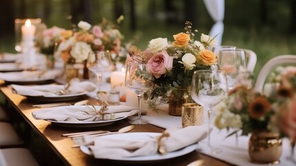 Fototapeta premium Wedding reception table setting with flower arrangements, Special event table set up, Fresh flower decoration.