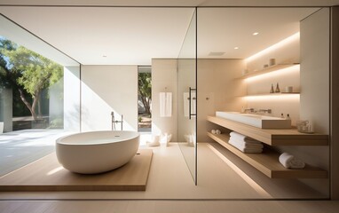 Fototapeta na wymiar Modern minimalist bathroom. AI