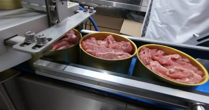 Production of canned meat. Finished cans of meat without labels are moved along the conveyor.