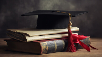 photograph of A mortarboard and graduation scroll, tied with red ribbon, on a stack of old battered book with empty space to the left. generative ai - obrazy, fototapety, plakaty