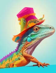 Cool Lizard Iguana with cap in Bright Summer Colors