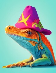 Cool Lizard Iguana with cap in Bright Summer Colors