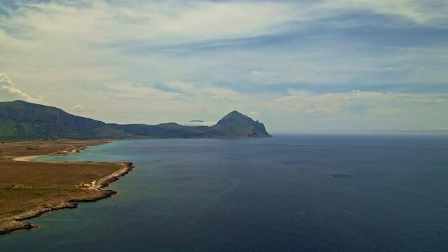 Aerial view of Macari beach and Mount Cofano. Sicily Italy