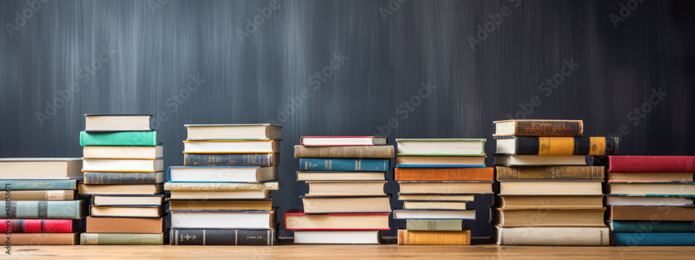 Aufkleber stack of books on wooden table against a wooden background. created with generative ai technology.