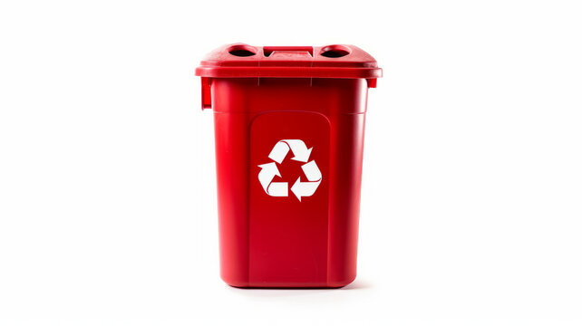 photograph of A Red recycle bin with recycle symbol isolated on white background telephoto lens realistic studio lighting generative ai