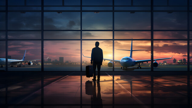 Silhouette of a man looking out at an airport