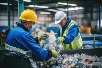 recycling at the plastic recycling plant, with workers sorting plastic waste collected from cities. - obrazy, fototapety, plakaty