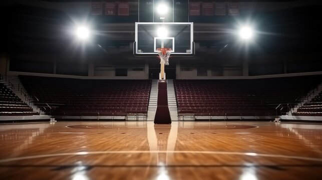Basketball court, Empty basketball arena with dramatic lighting.