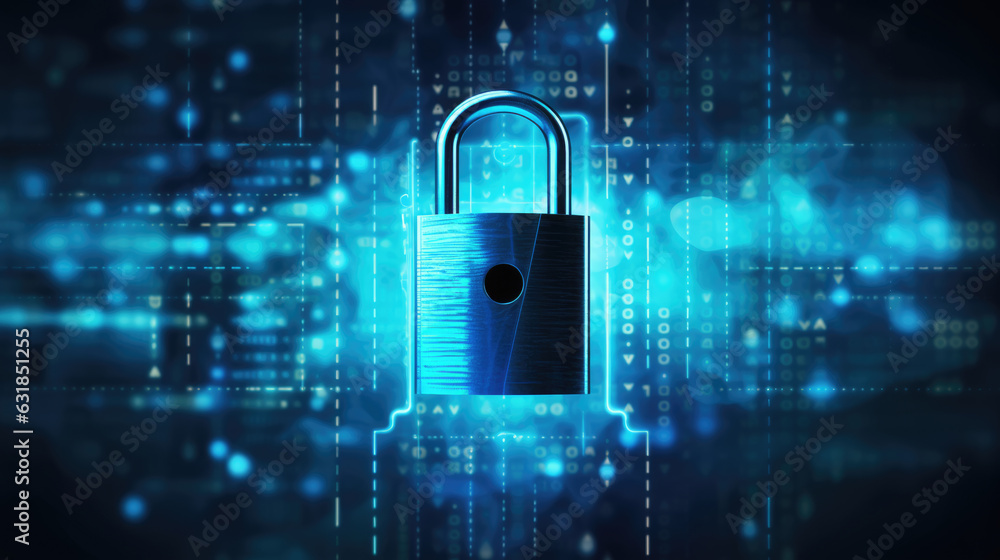 Poster closed digital lock key on digital background. cybersecurity and information or network protection. 