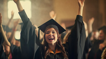 photograph of A young woman student hands up celebrating university graduate. telephoto lens realistic natural lighting,generative ai