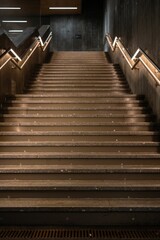 Fototapeta na wymiar Vertical shot of empty stairs with illuminated railings