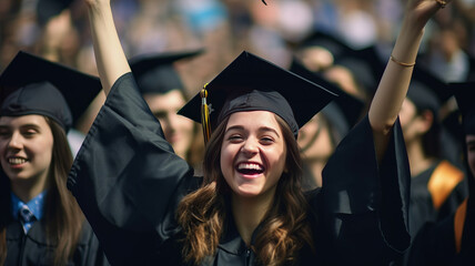 photograph of A young woman student hands up celebrating university graduate. telephoto lens realistic natural lighting,generative ai - obrazy, fototapety, plakaty