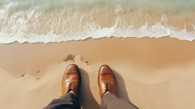 Businessman foots with shoes on the sand an the beach. Created with Generative AI technology.