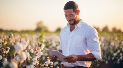 Man farmer standing the field of cotton and using tablet computer. Agricultural concept. - obrazy, fototapety, plakaty