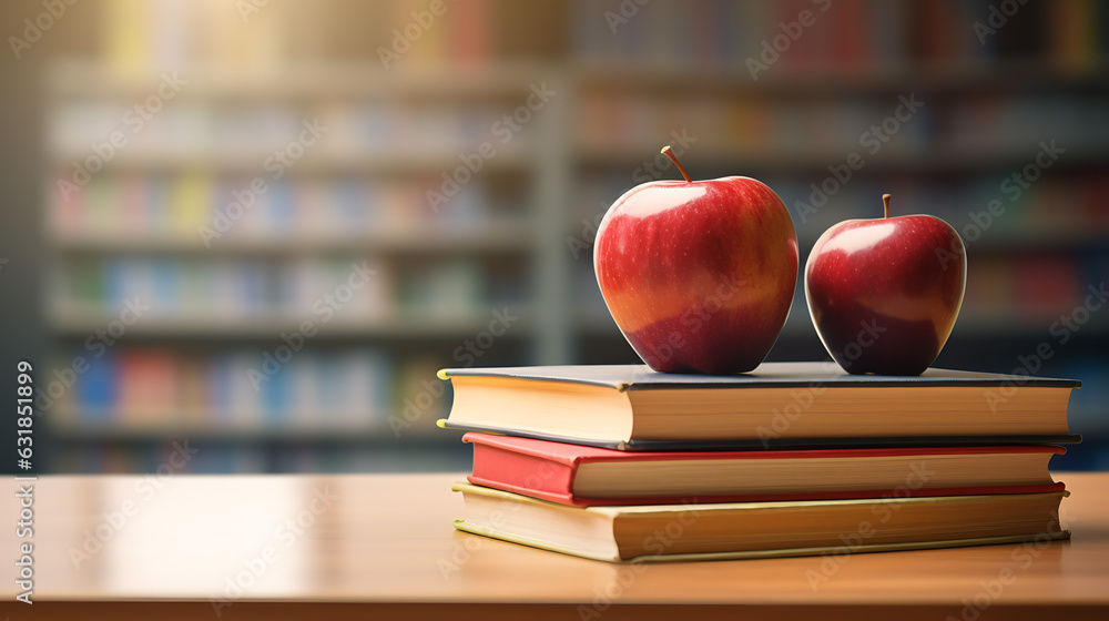 Aufkleber back to school concept. apple and book on blurred library background.created with generative ai tech